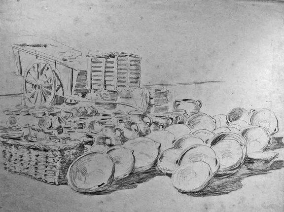 Marché Sarthois, charrette et poteries